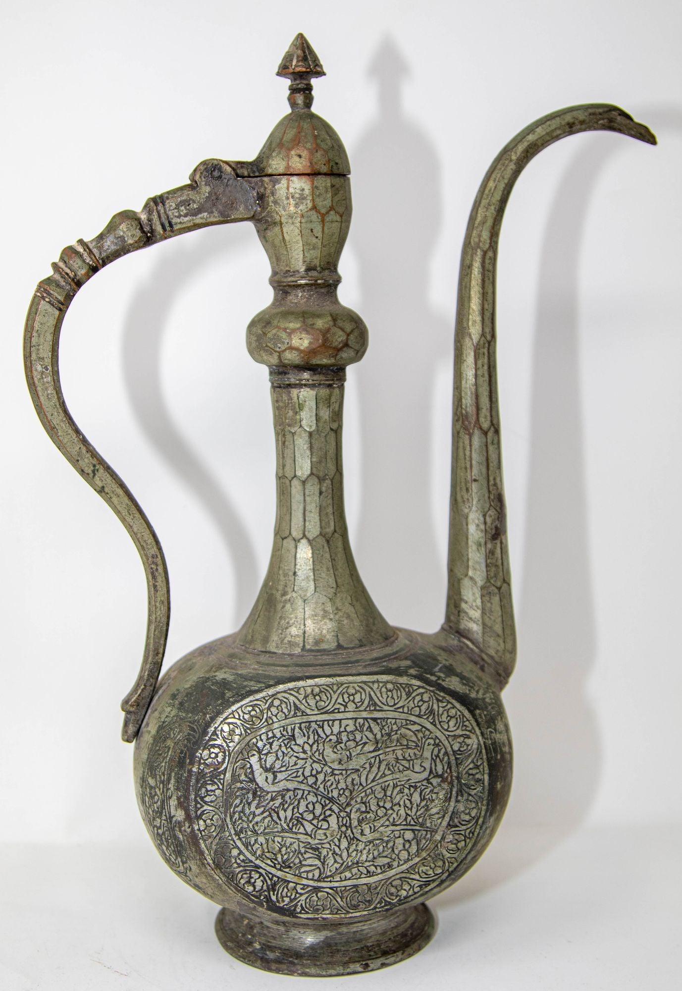 Antique Islamic Middle Eastern Qajar Persian Tinned Metal Ewer 19th Century