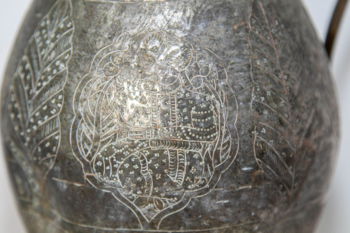 19th Century Persian Qajar Engraved Tinned Copper Ewer Pitcher
