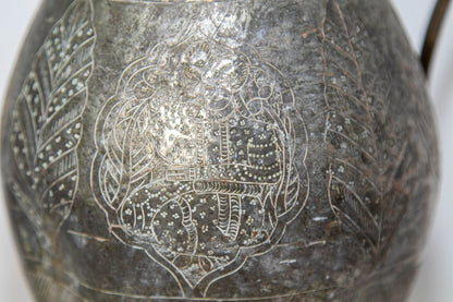 19th Century Persian Qajar Engraved Tinned Copper Ewer Pitcher