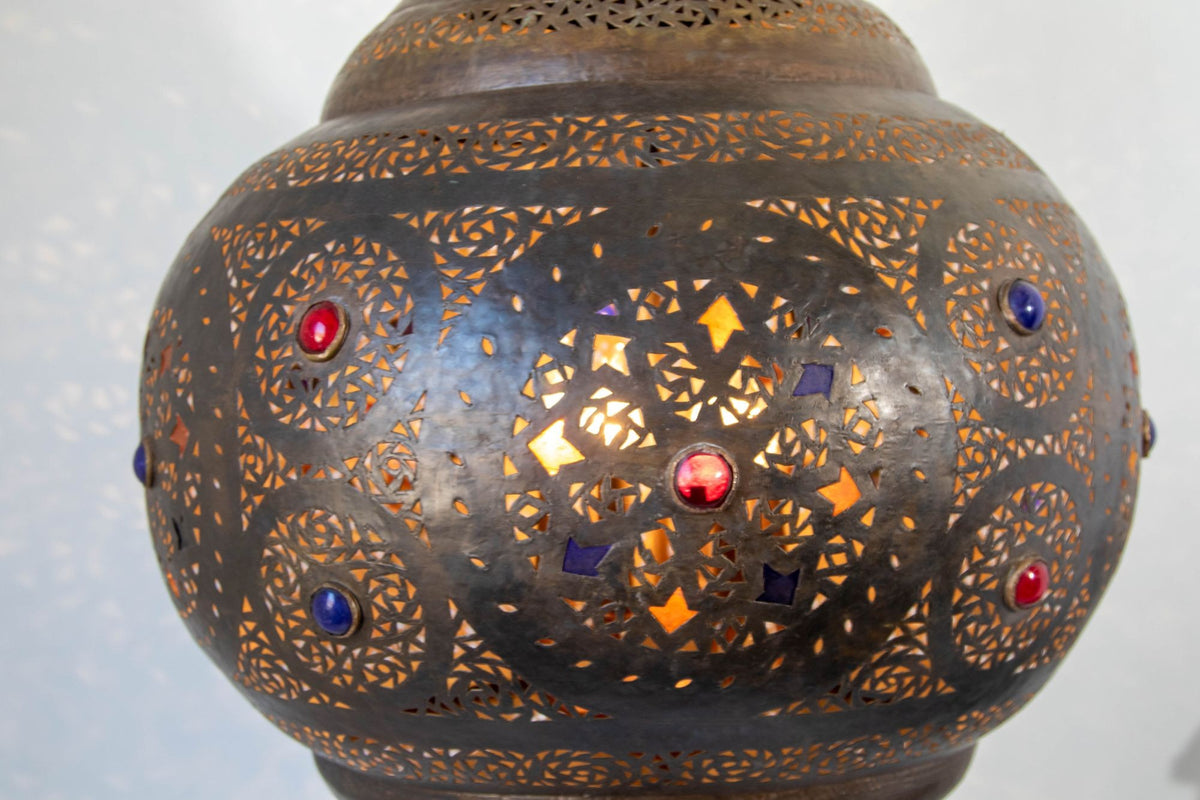 Large Moroccan Moorish Pierced Brass Chandelier with Colored Glass, circa 1940