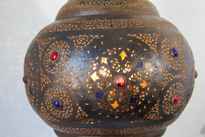 Large Moroccan Moorish Pierced Brass Chandelier with Colored Glass, circa 1940