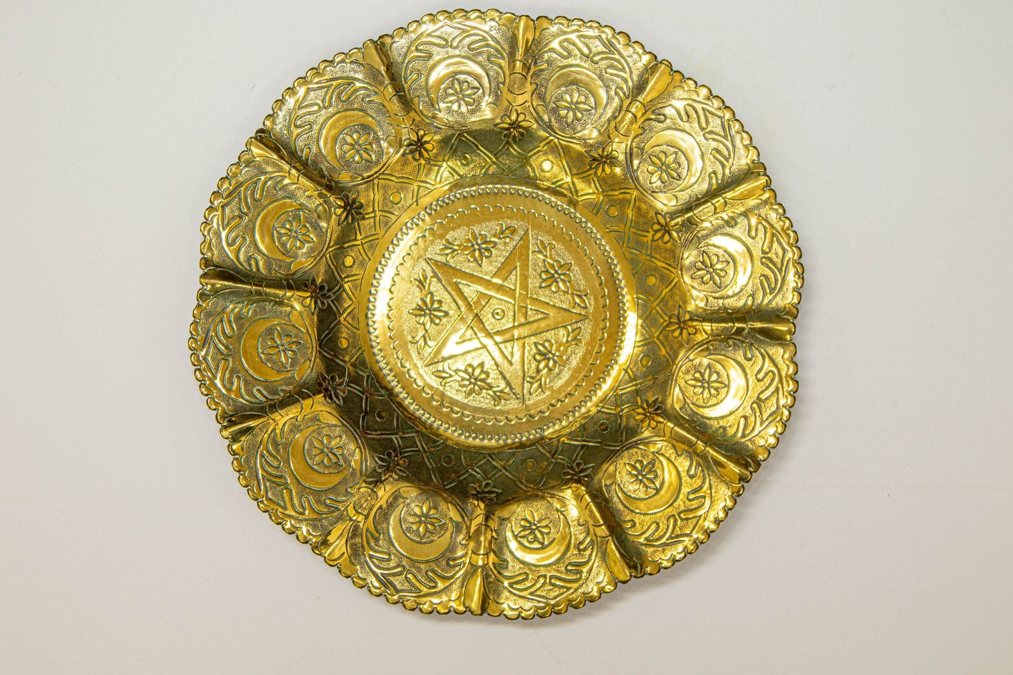 1950s Moroccan Brass Tray with Star and Moon Pattern 13 in. Diameter