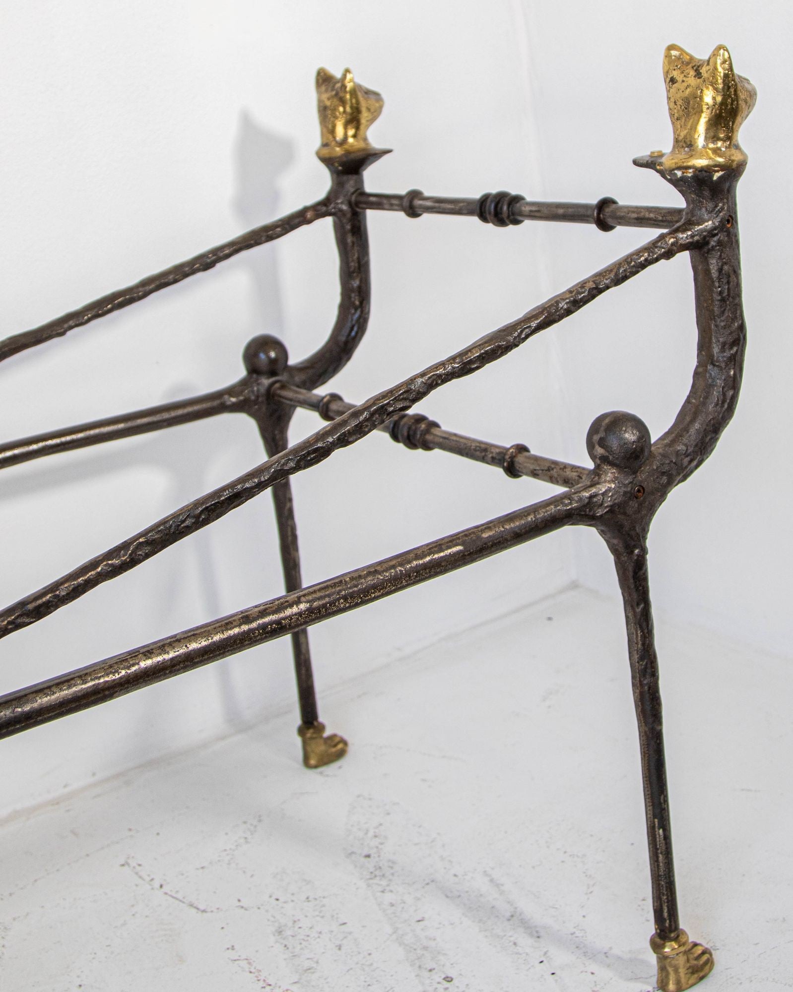 Giacometti Style Sculptural Brutalist Iron and Glass Console Table With Cat Head