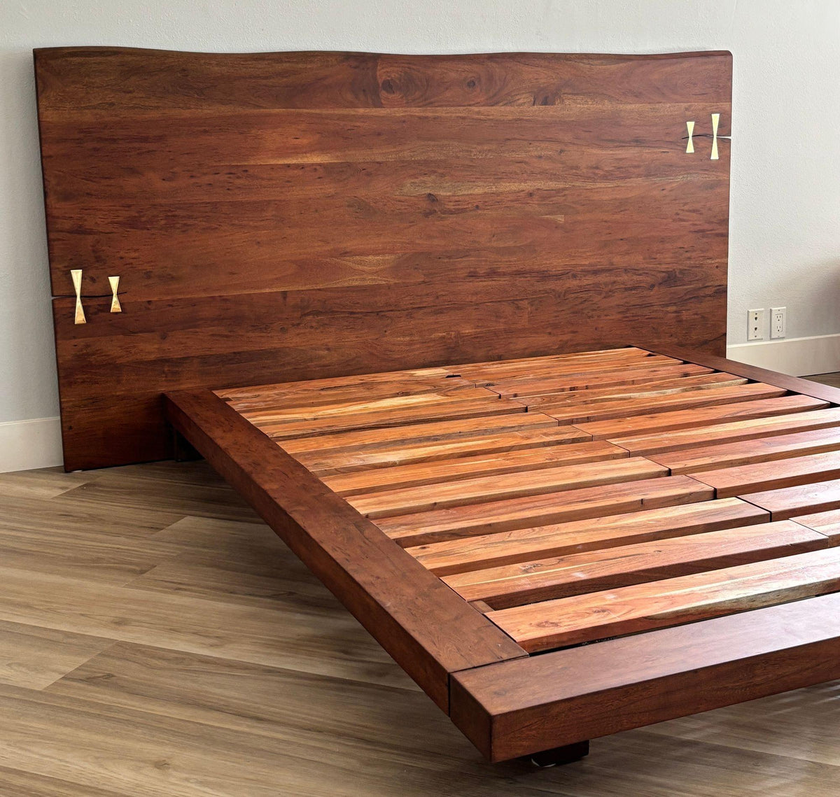 American Organic Modern Live-Edge Queen Platform Bed with Brass Inlays — detail view 17