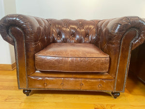 Vintage English Brown Leather Tufted Chesterfield Club Armchairs a Pair