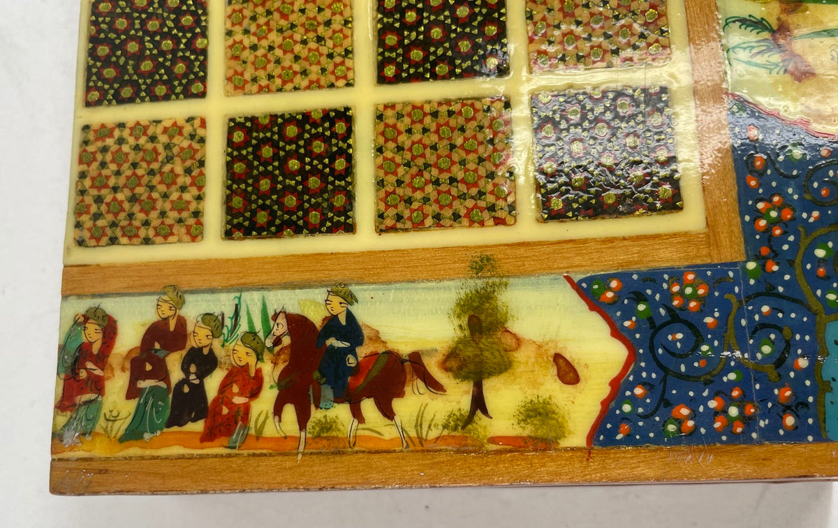 Vintage Persian Micro Mosaic Chess Box, Handcrafted Fruitwood, 1950s