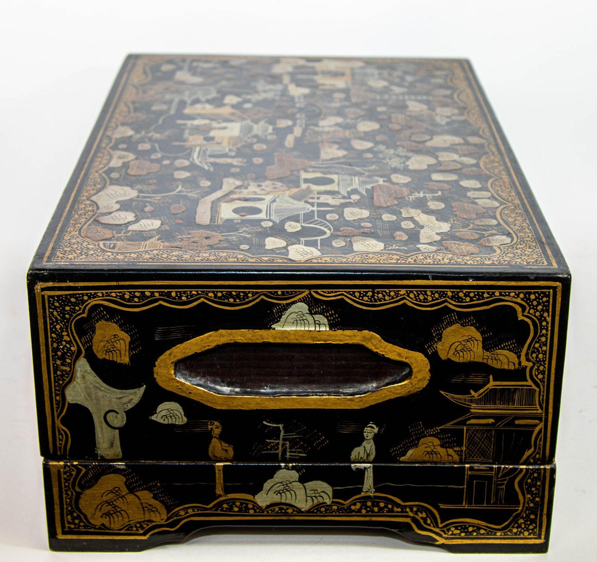 Large Chinoiserie Rectangular Black Lacquered Gilt Painted Covered Box 1950s — additional view 15