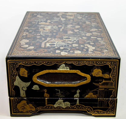 Large Chinoiserie Rectangular Black Lacquered Gilt Painted Covered Box 1950s — additional view 15