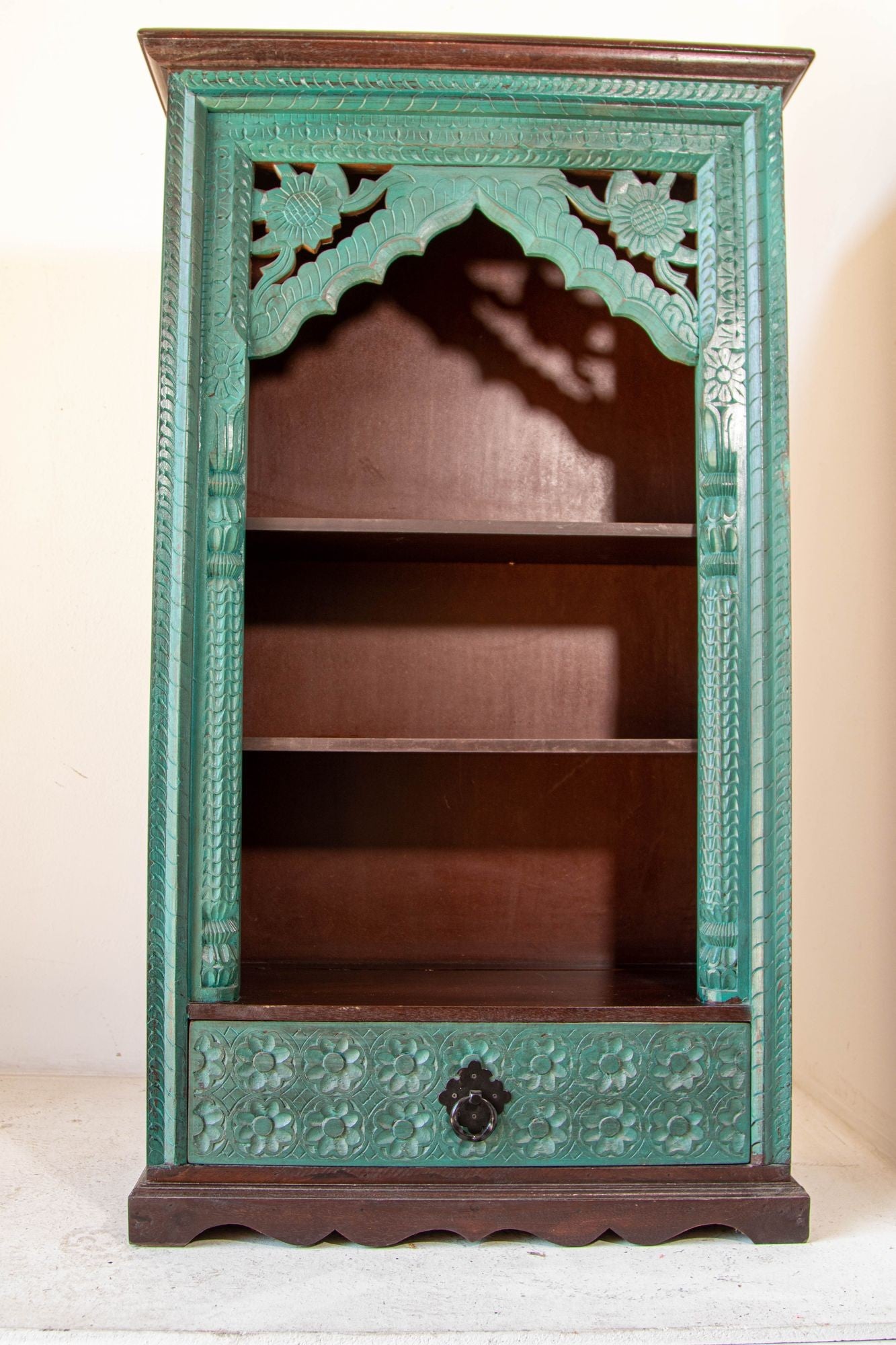 Hand-Carved Arch Bookshelf Wooden Cabinet in Rustic Blue
