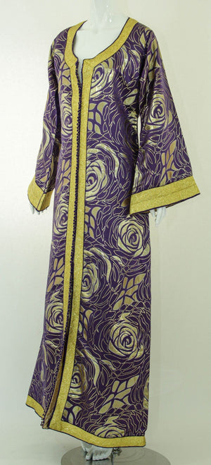 Moroccan Caftan Purple and Gold Damask Embroidered Vintage Kaftan 1960s