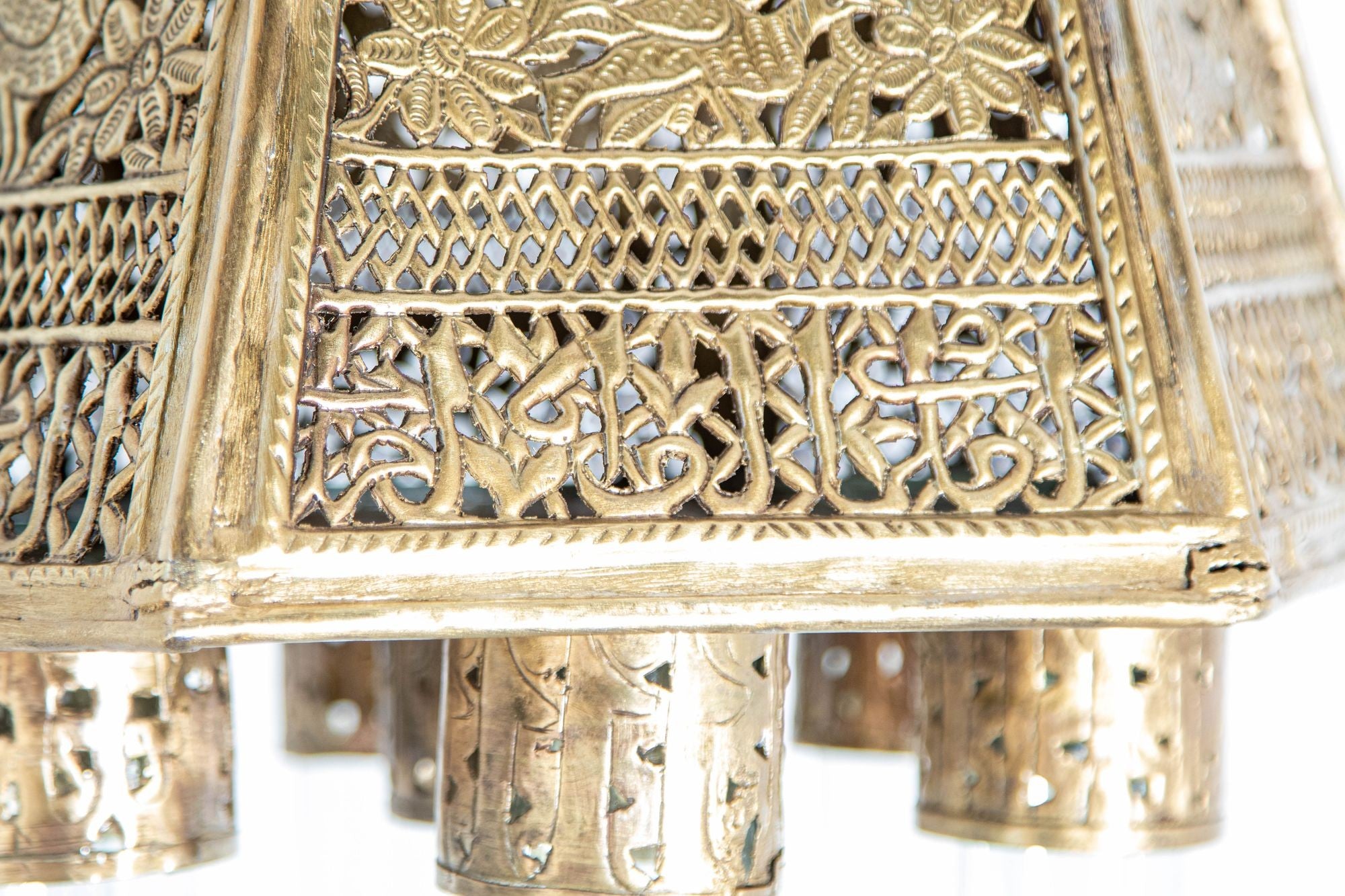 Antique Mamluk Turkish Pierced Brass Hanging Hexagonal Pendant Light Fixture