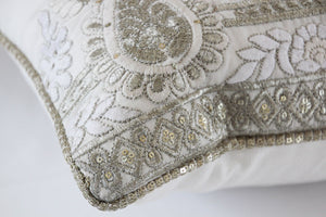 White and Silver Embroidered Mughal Style Throw Pillow