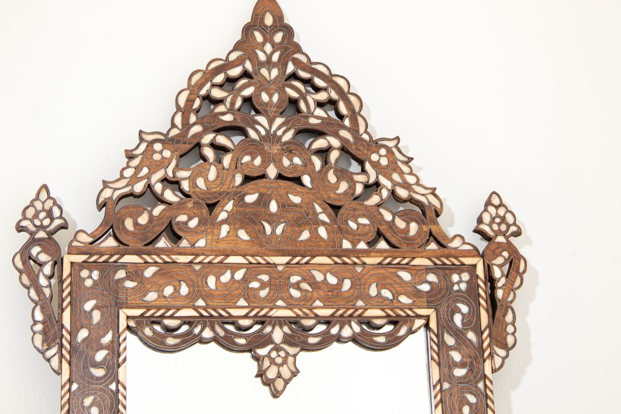 Damascene Moorish Bone Inlaid Mirrors With Floral Motif 52" H. A Pair