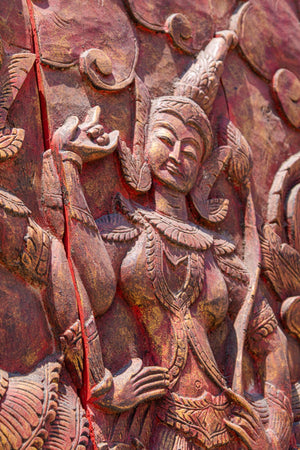 Antique Monumental Asian Hand-Carved Wooden Decorative Mural Panel 8ft