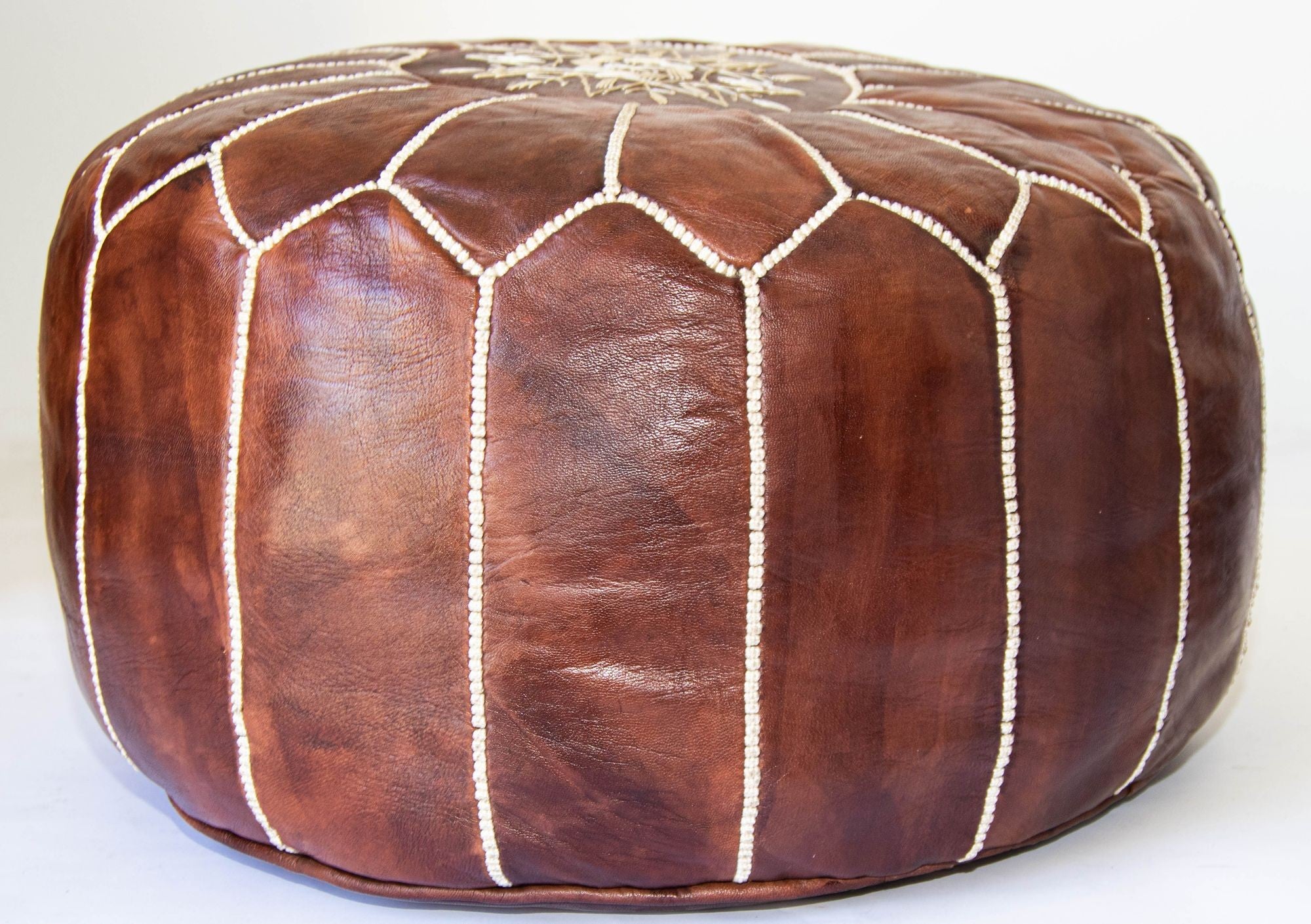 Moroccan Hand Tooled Brown Leather Pouf