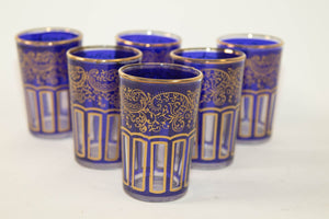 Moroccan Royal Blue Glasses with Gold Moorish Arabesque Design Set of 6 Barware