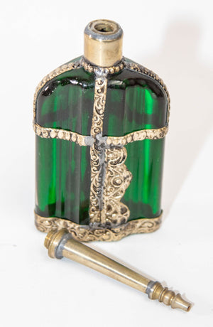 Moorish Emerald Green Glass Perfume Bottle Sprinkler with Embossed Metal Overlay