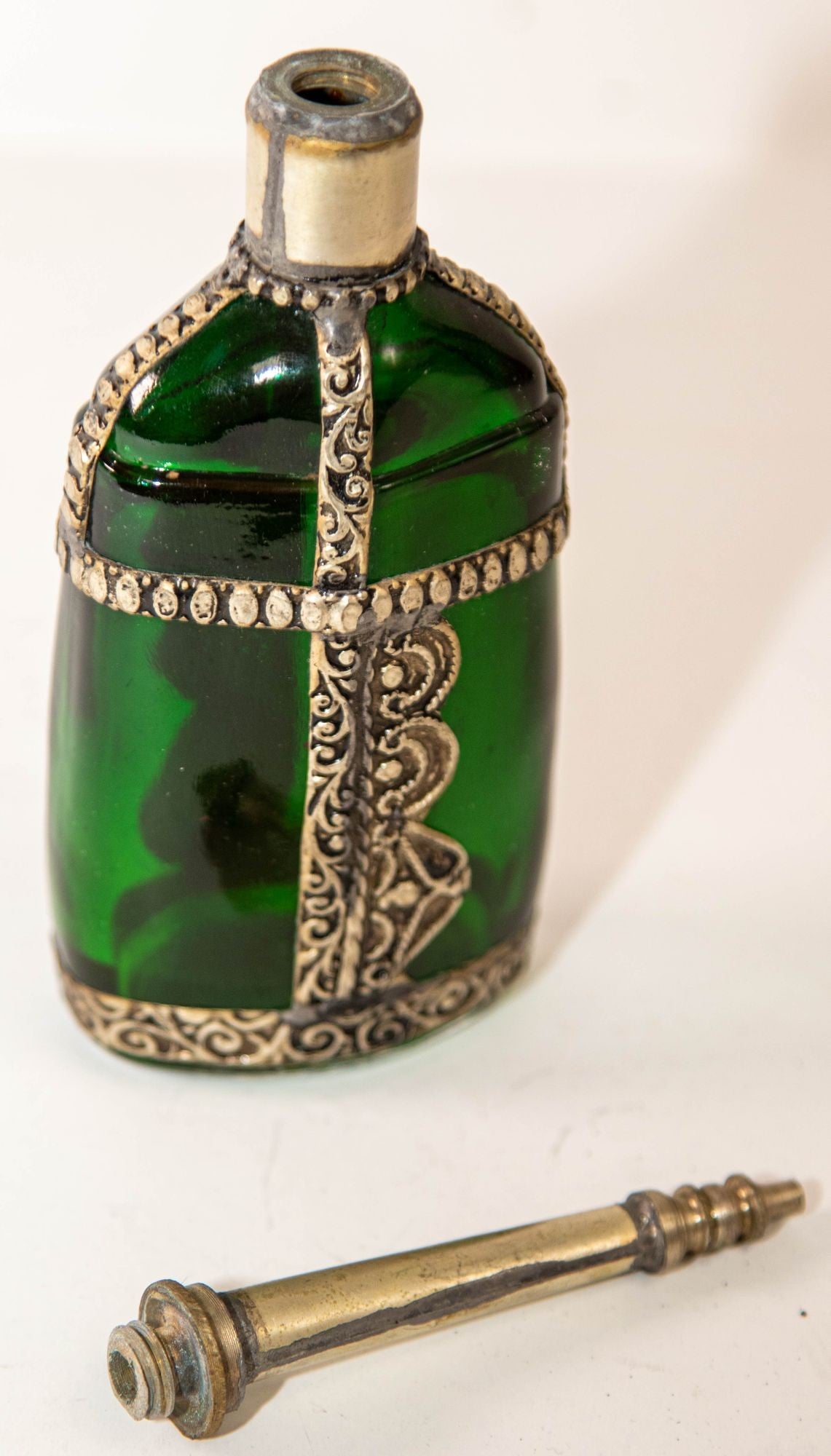 Moorish Green Glass Perfume Bottle Sprinkler with Embossed Metal Overlay