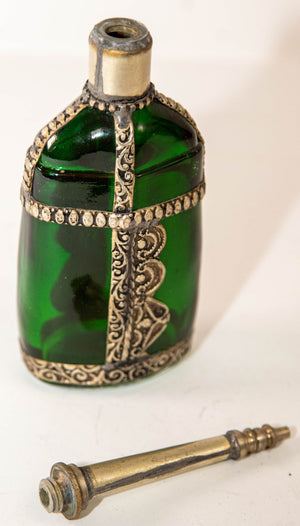 Moorish Green Glass Perfume Bottle Sprinkler with Embossed Metal Overlay