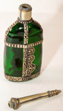 Moorish Green Glass Perfume Bottle Sprinkler with Embossed Metal Overlay