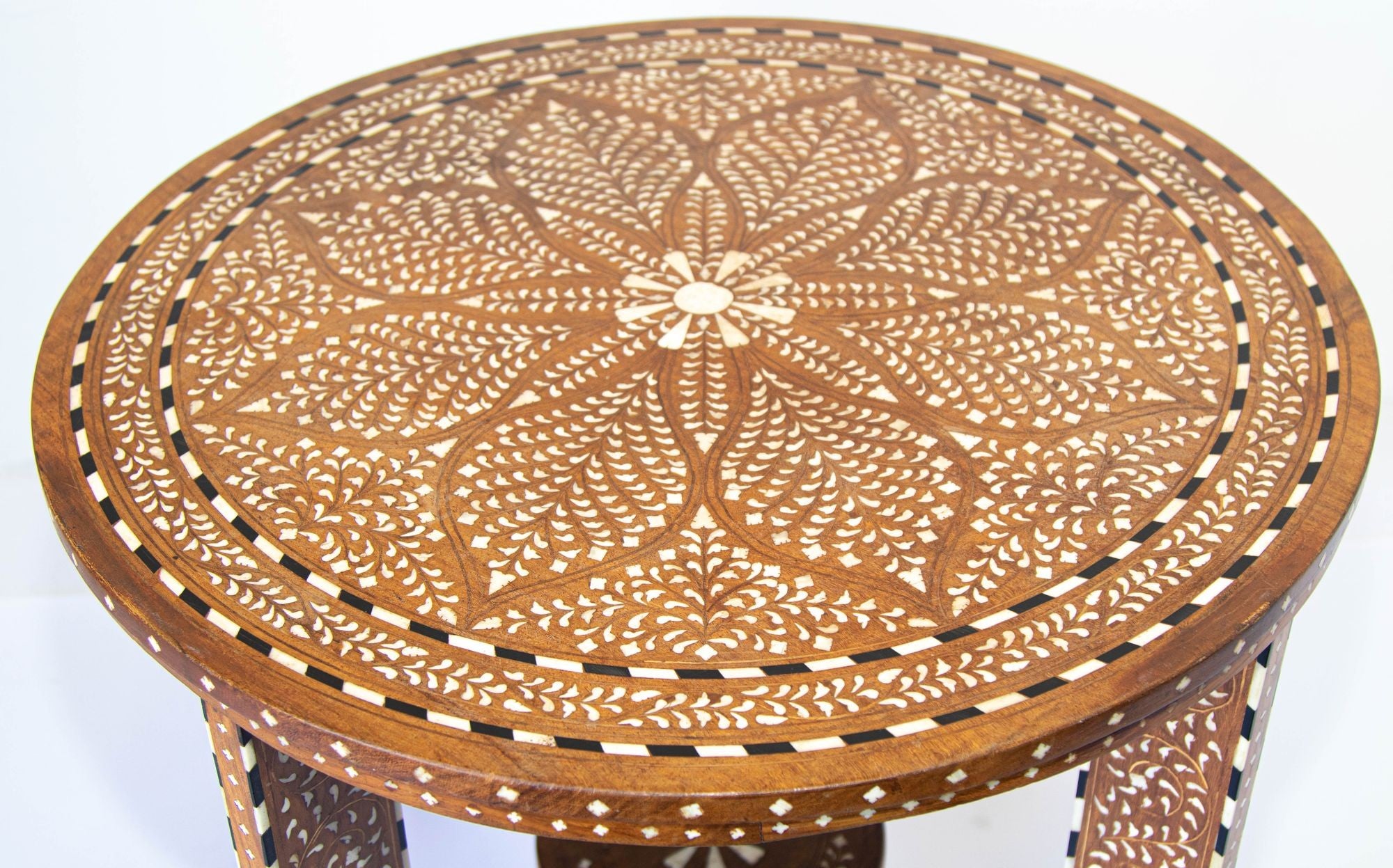 Anglo Indian Mughal Teak Wood Round Side Table with Bone Inlaid