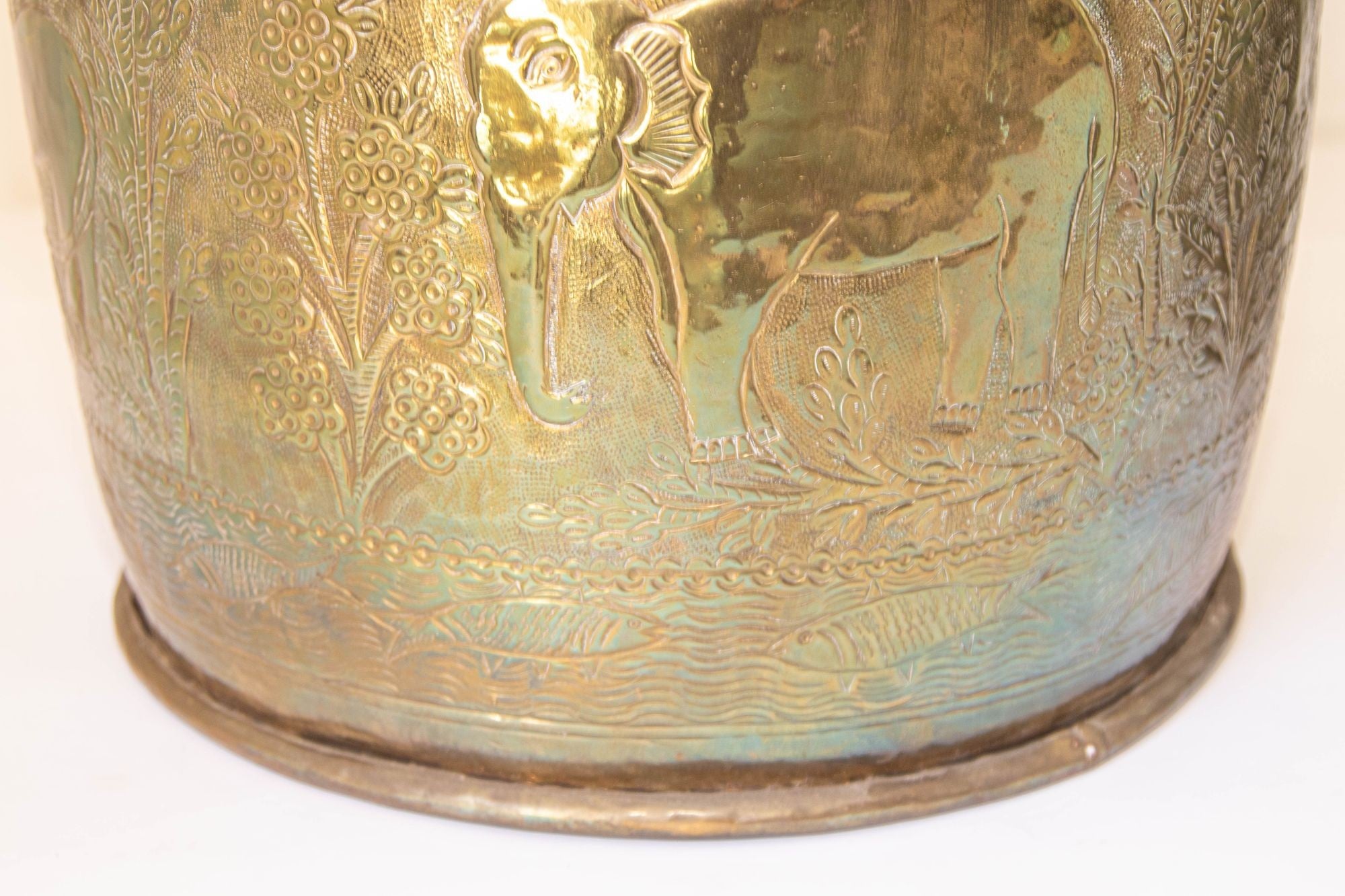 Large Vintage Polished Brass Planters Anglo Raj Hammered Jungle Design a Pair