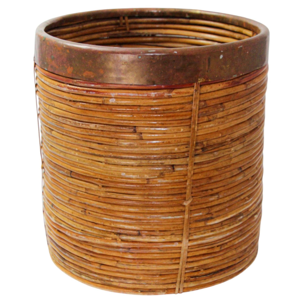 Large Rattan Bamboo Round Planter Brass Rim Italy, 1970s — Italy