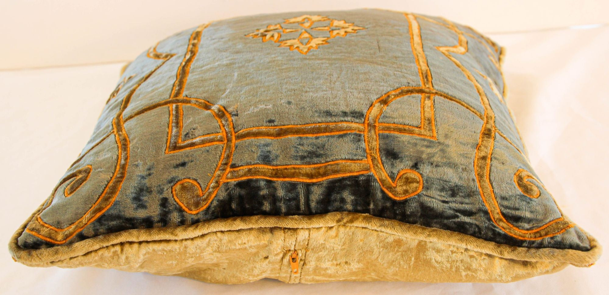 Baroque Venetian Style, Blue and Gold Velvet Pillow, Elaborate Applique Work