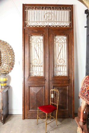 Set of French Painted Double Entry Door with Iron Insert