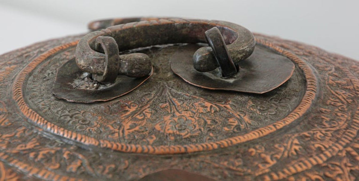 Antique South Asian Mughal Round Tinned Copper Box with Lid India 19th Century