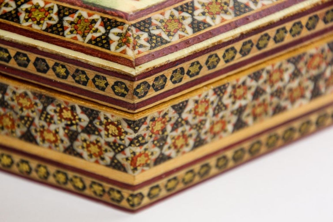 Khatam Persian Micro Mosaic Marquetry Inlaid Jewelry Trinket Box 1950's