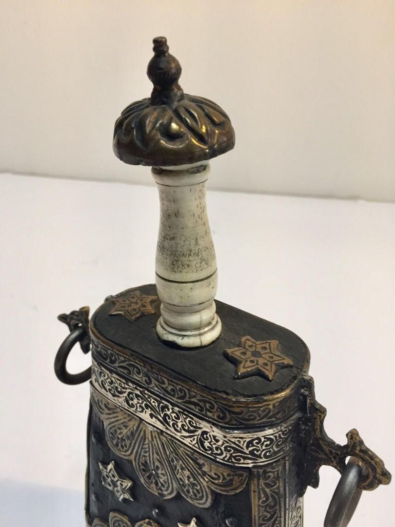 Antique Moroccan Berber Case Flask, Hand-Carved Wood & Brass, 1920s