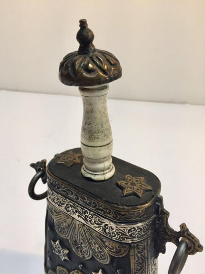 Antique Moroccan Berber Case Flask, Hand-Carved Wood & Brass, 1920s