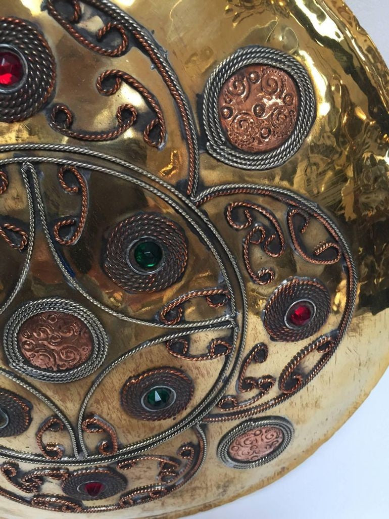 Handcrafted Moroccan Brass Drinking Flask with Glass Stones, 1940