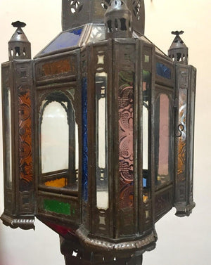 Moroccan Handcrafted Moorish Pendant Lantern with Multi-Color Glass