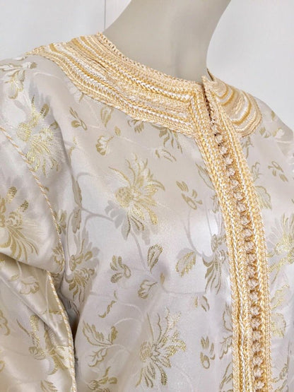Vintage Moroccan Kaftan White and Gold Metallic Floral Brocade Caftan 1970's