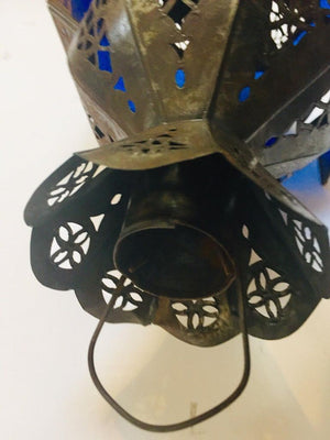 Handcrafted Moroccan Metal and Blue Glass Lantern, Octagonal Shape
