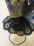 Handcrafted Moroccan Metal and Blue Glass Lantern, Octagonal Shape