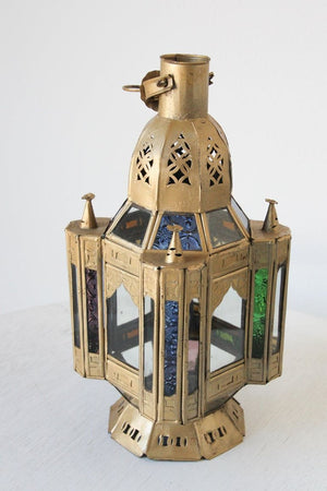 Moroccan Candle Lantern in Moorish Gilt Metal and Glass