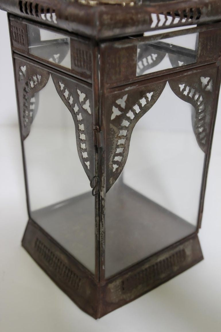 Moroccan Metal Candle Lantern in Moorish Square Metal and Clear Glass