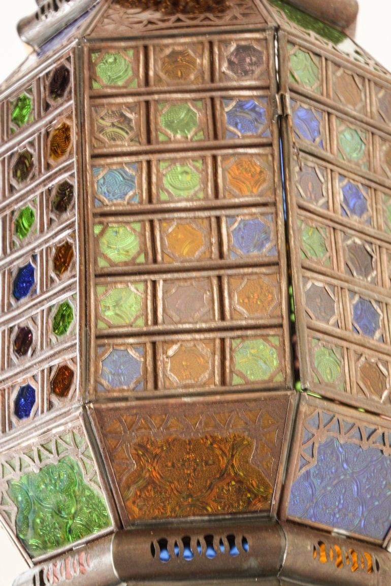 Moroccan Hanging Glass Lantern Moorish Metal Light Fixture with Stained Glass