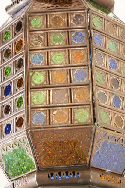 Moroccan Hanging Glass Lantern Moorish Metal Light Fixture with Stained Glass