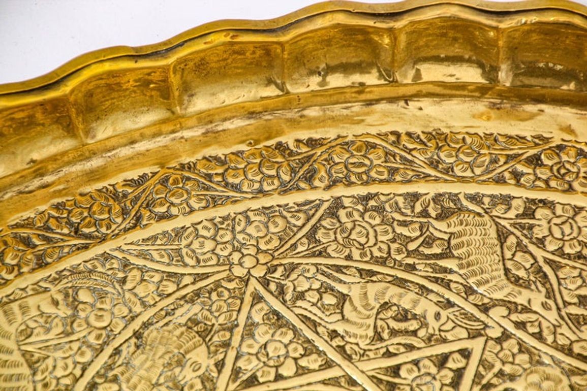 Large Antique Decorative Indo-Persian Mughal Hammered Brass Tray 19th c.