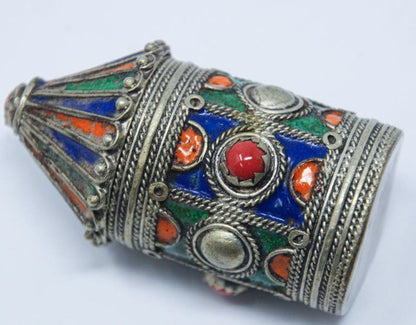 Antique Kabyle Berber Silver & Enamel Kohl Jewelry Box, Algeria, circa 1920s