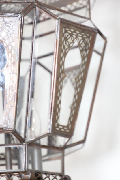 Vintage Moroccan Moorish Clear Glass Pierced Metal Lantern Chandelier, 1980s