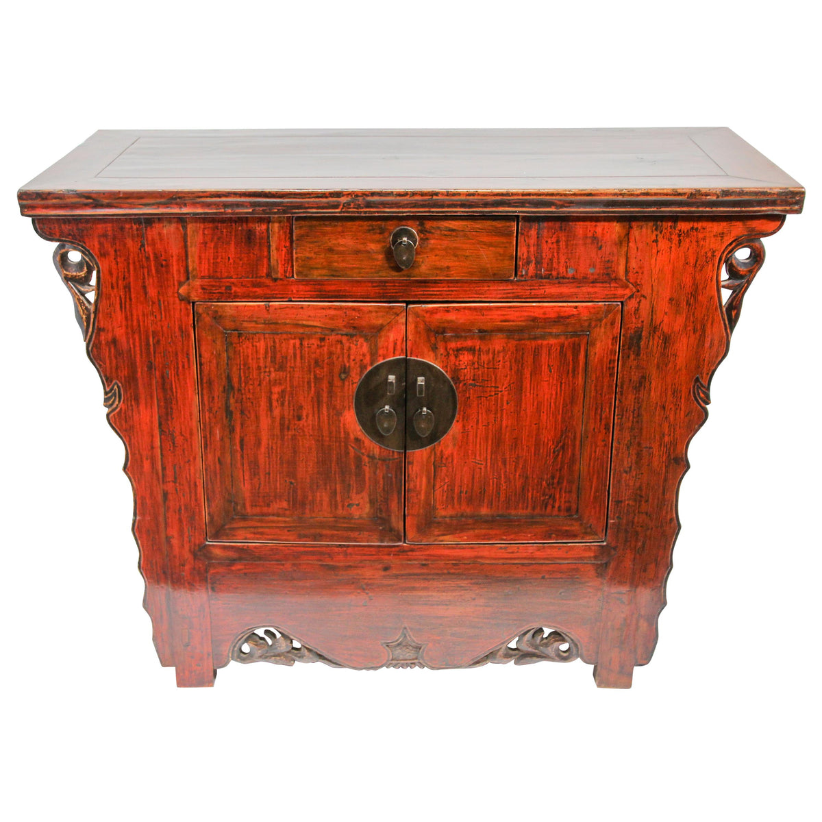 Chinese Ming Style Altar Cabinet, Red Lacquered Elmwood, 1950 — China