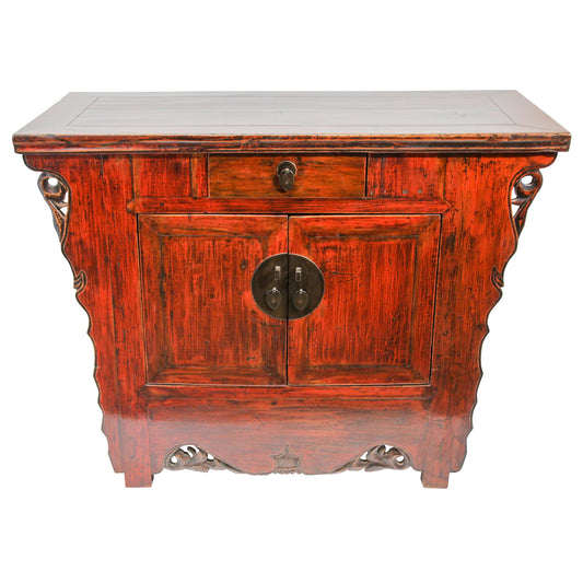 Chinese Ming Style Altar Cabinet, Red Lacquered Elmwood, 1950 — China