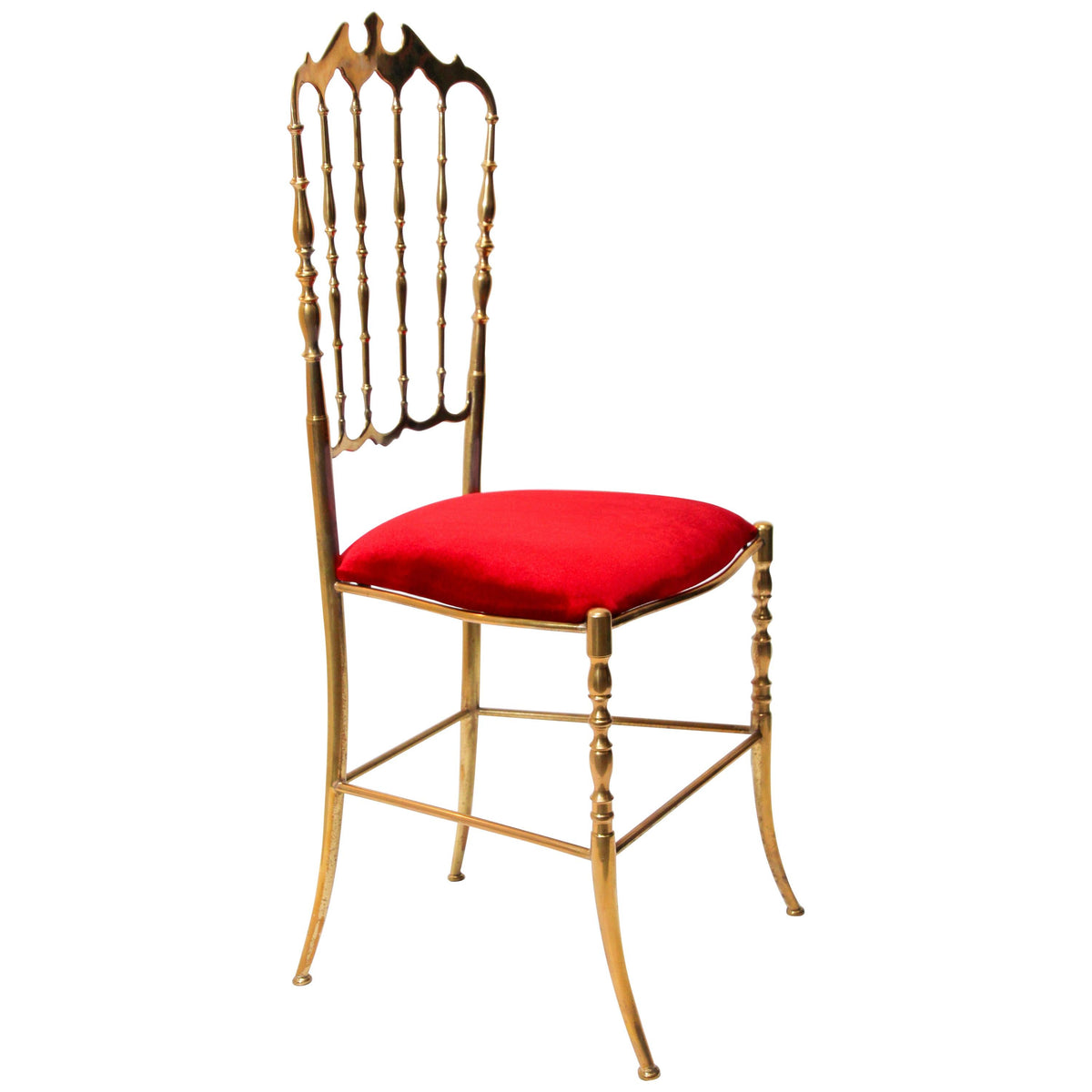 1960s Italian Brass Chiavari Chair, Bat-Wing Crest, Red Velvet — Italy