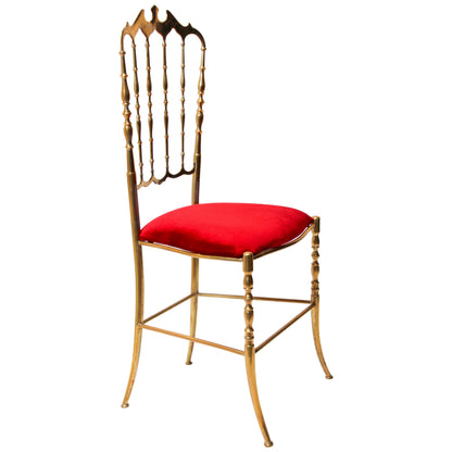 1960s Italian Brass Chiavari Chair, Bat-Wing Crest, Red Velvet — Italy