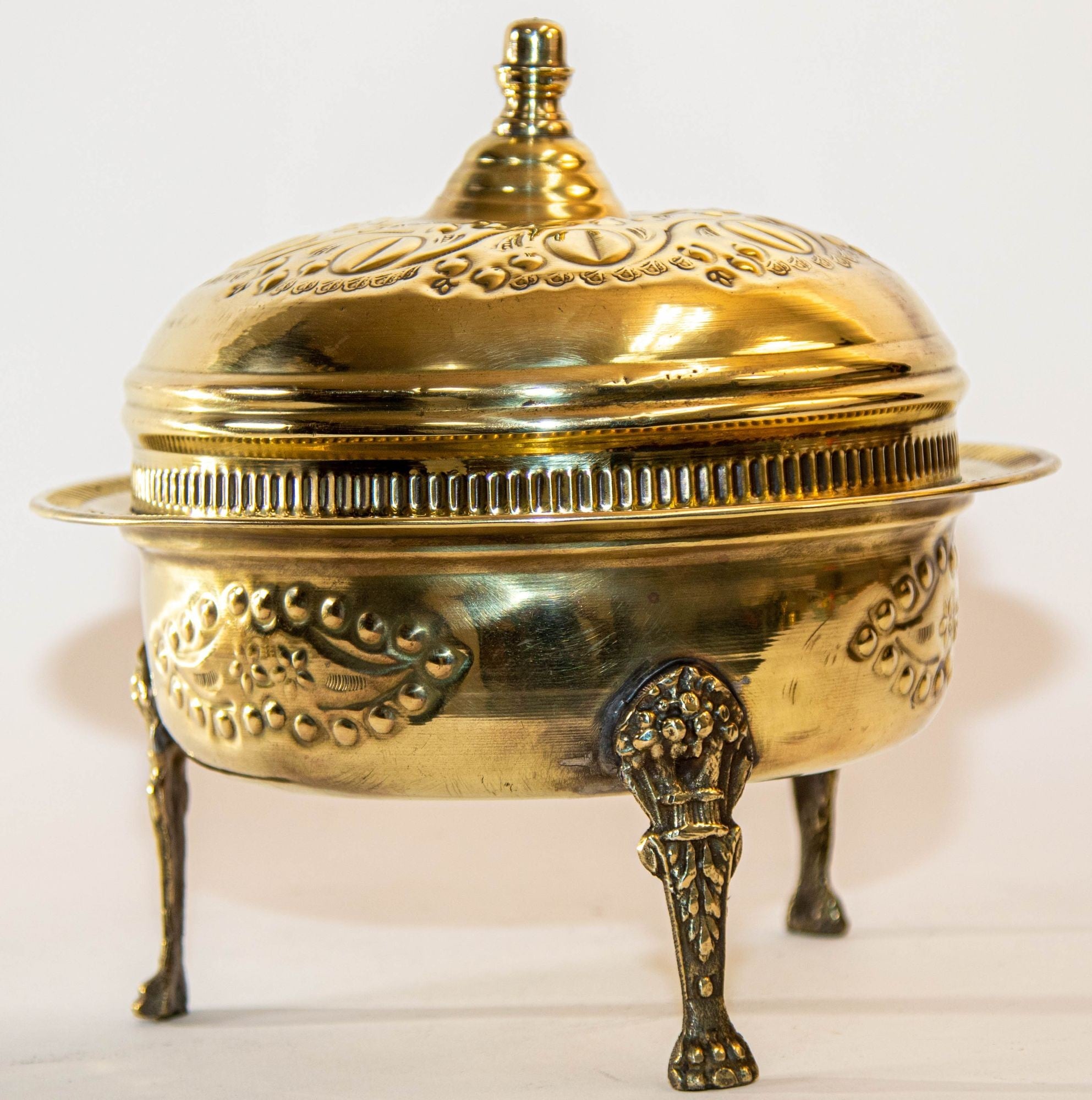 1940s Antique Round Moroccan Brass Serving Dish with Dome Lid and Paw Lion Feet.